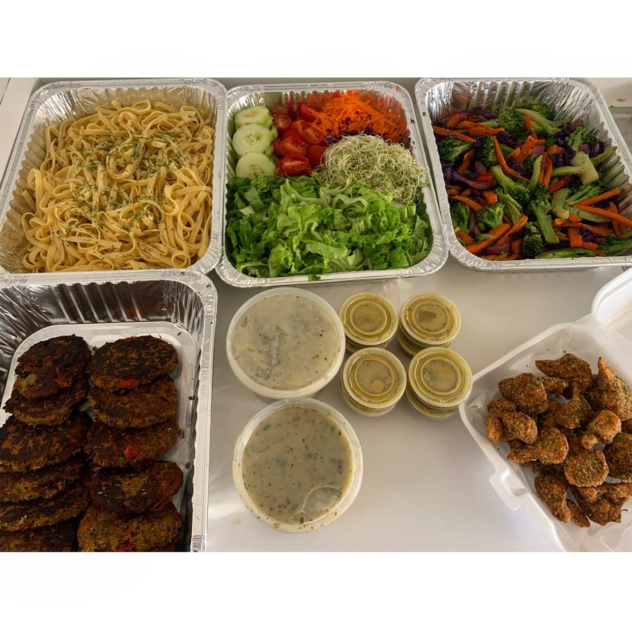 Linguine, Vegetable Patties, Salad, Fried Cauliflower, Fresh Vegetables 